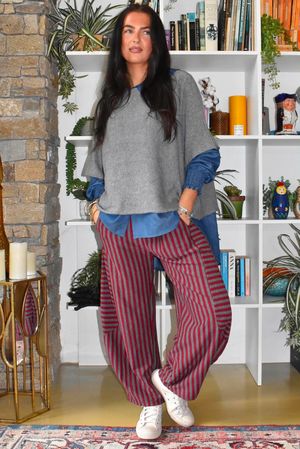 Sunday Morning 7/8 Barrel Pant Grey & Burgundy